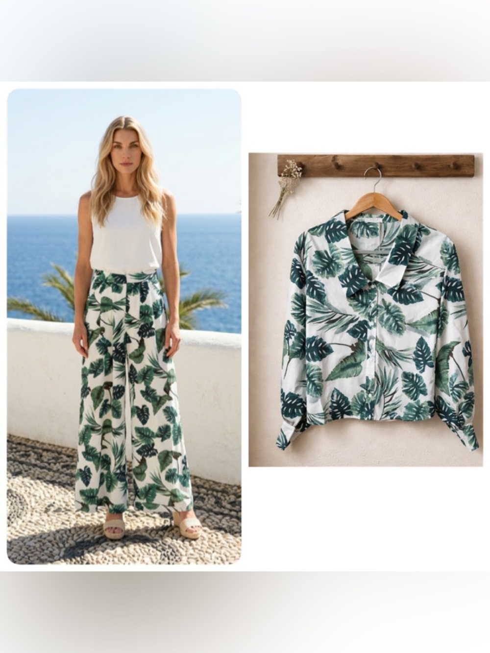 Mulla 2pc Outfit Set Womens small Multicolor Tropical Leaf Shirt wide leg Pants